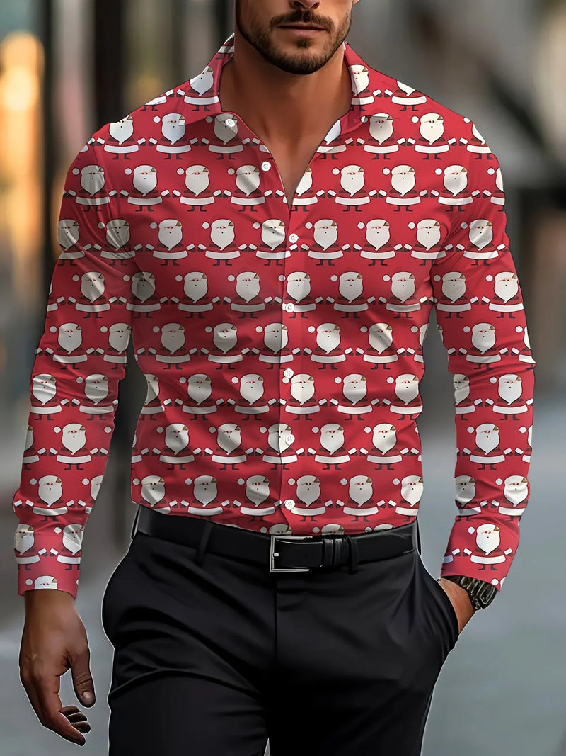 Tema do festival de natal masculino 3d impresso camisas formais árvore de natal papai noel gráfico camisa de manga longa moda masculina