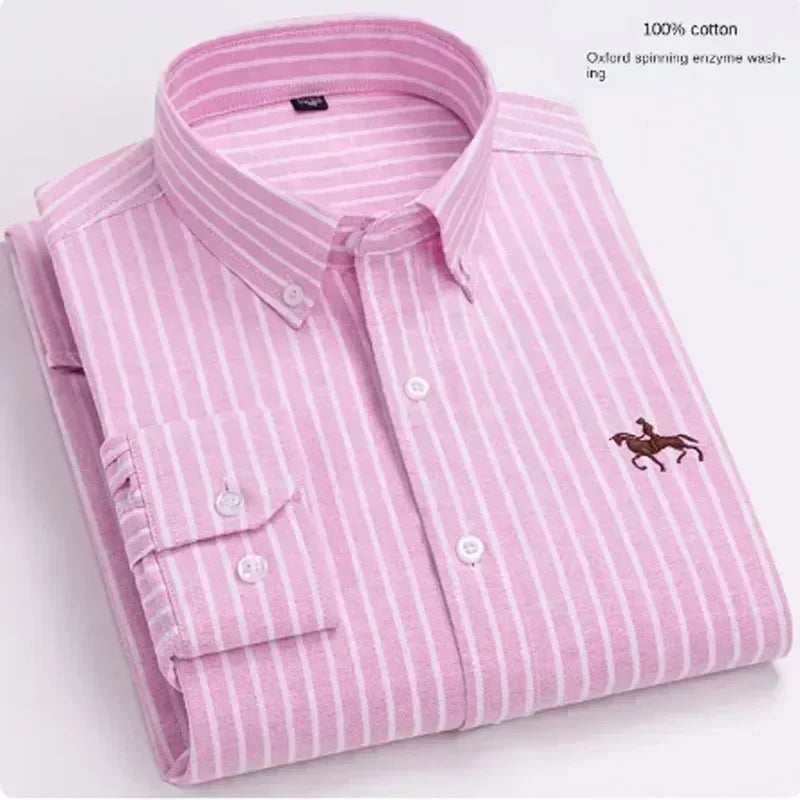 Camisa Oxford Spinning Masculina de Manga Longa, 100% Algodão Puro, Bolso Bordado, Slim Fit, Estilo de Botões, Soft Med, Negócios, Lazer, S-7XL