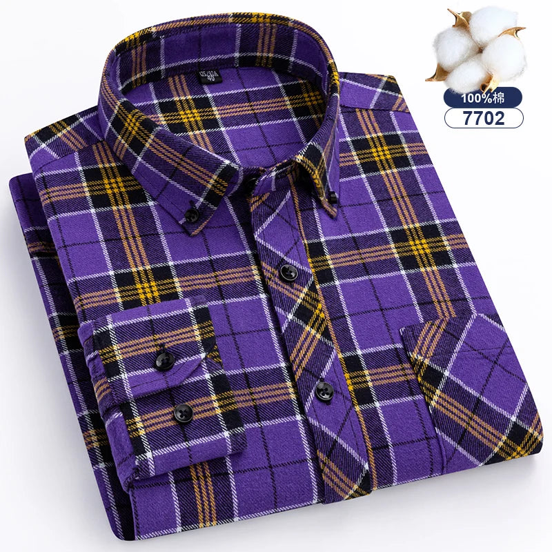 7XL 8XL Plaid Shirts For Men's Long Sleeve Cotton Fashion Single Patch Pocket Design  Casual Standard-Fit Thick Flannel Shirt