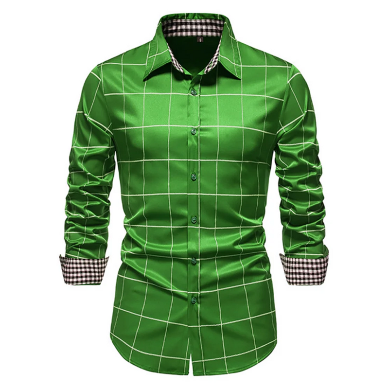 Camisa de manga longa de botão slim fit masculina, camisa xadrez, design de grandes dimensões, roupa respirável, 10 cores, moda