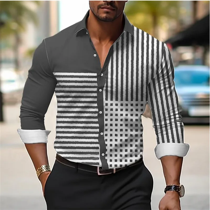 Linha de camisa xadrez masculina com lapela, manga comprida, slim fit, roupa luxuosa, camisa de baile, tamanho grande, XS-6XL, alta qualidade