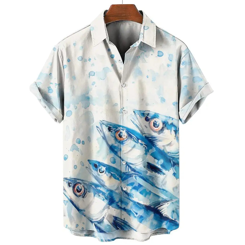 Camisa havaiana com impressão 3D masculina, piscicultura, botão, manga curta, streetwear de lapela, blusa, moda verão