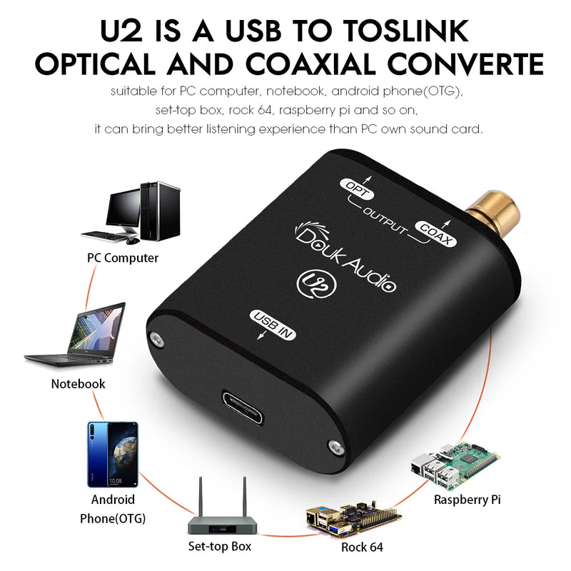 Áudio duplo U2 Mini conversor óptico coaxial, XMOS XU208, USB para SPDIF, Interface digital, DSD, PCM, 192KHz