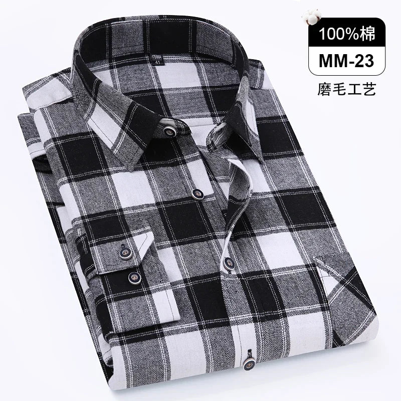 Camisa xadrez de manga longa masculina, 100% puro algodão, flanela, macia, regular-fit, escovada, bolso único, confortável, casual, S-8XL