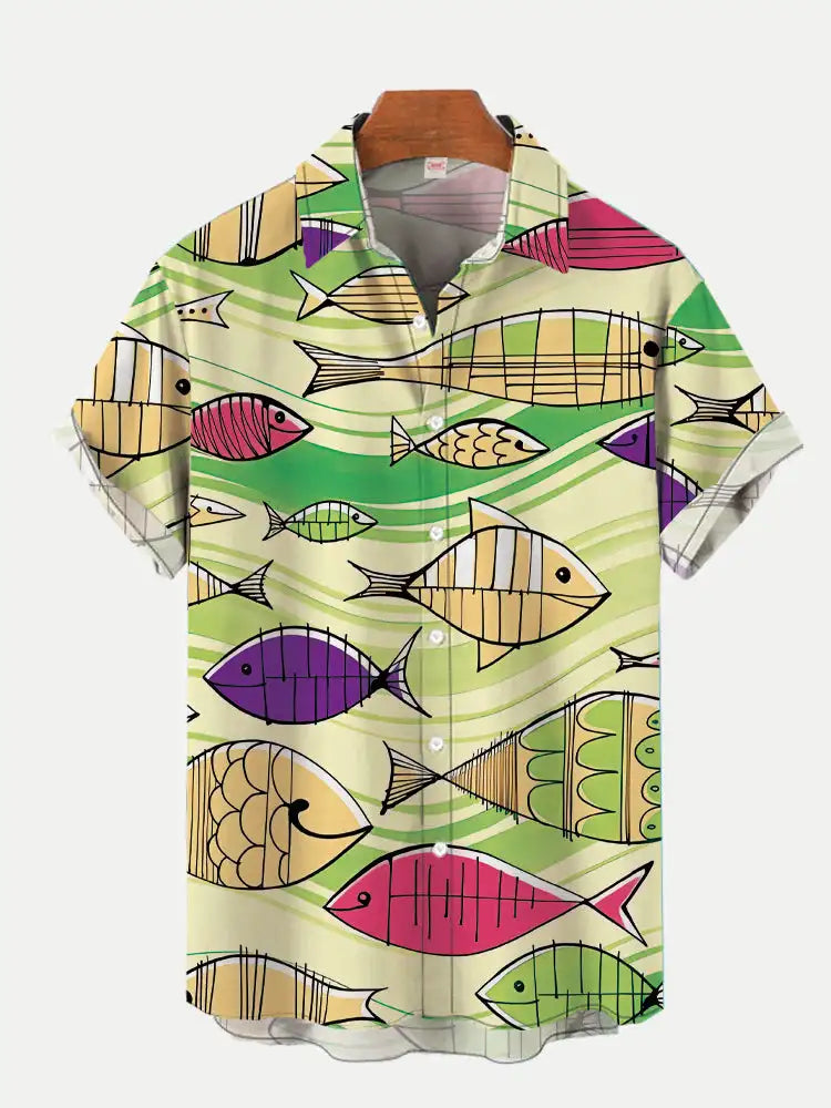 Camisa estampada em desenho 3D masculina, camisa havaiana, blusas de praia, manga curta, lapela vocacional, moda menino, fofo, 2024