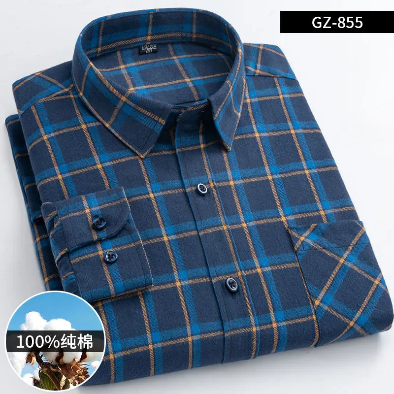 Moda masculina 100% algodão grosso escovado flanela camisas único remendo bolso manga longa padrão-ajuste xadrez xadrez xadrez camisa casual