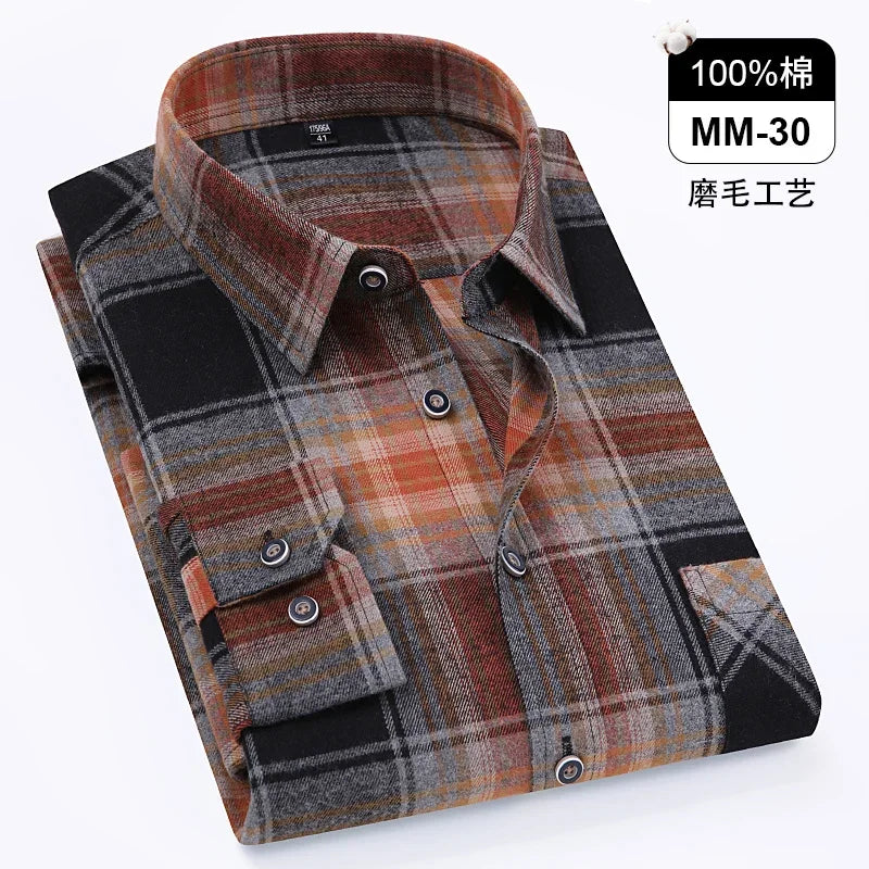 Camisa xadrez de manga longa masculina, 100% puro algodão, flanela, macia, regular-fit, escovada, bolso único, confortável, casual, S-8XL