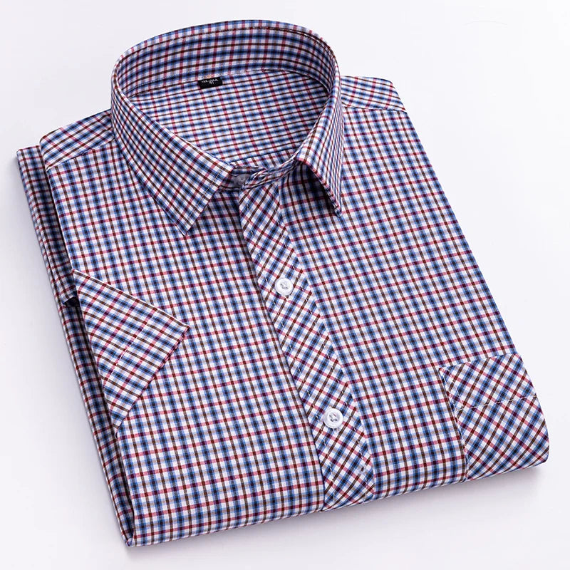 Camisa xadrez de algodão manga curta masculina, design de bolso único, casual jovem, ajuste padrão, elegante