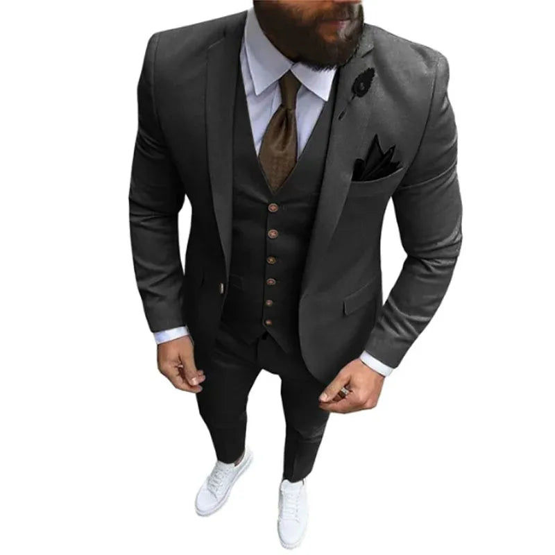 Ternos masculinos de 3 peças, slim fit, formal, casual, negócios, lapela champanhe, smoking formal para padrinhos de casamento (blazer + calça + colete)