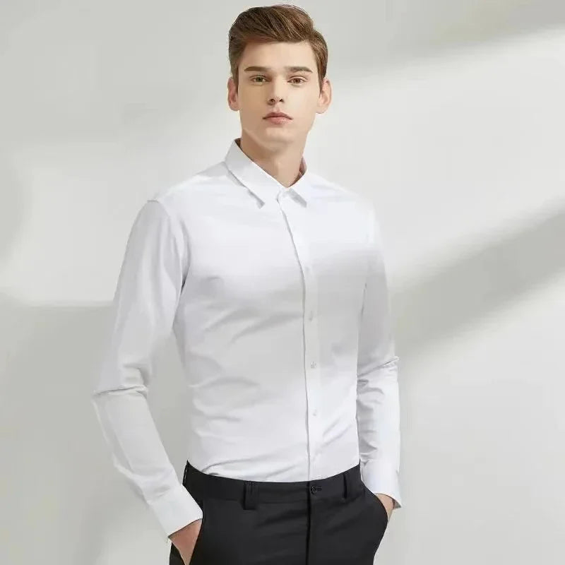 Camisa elástica de manga comprida masculina, Stand Up Collar Camisas, Não Passar, Traje de Trabalho Profissional