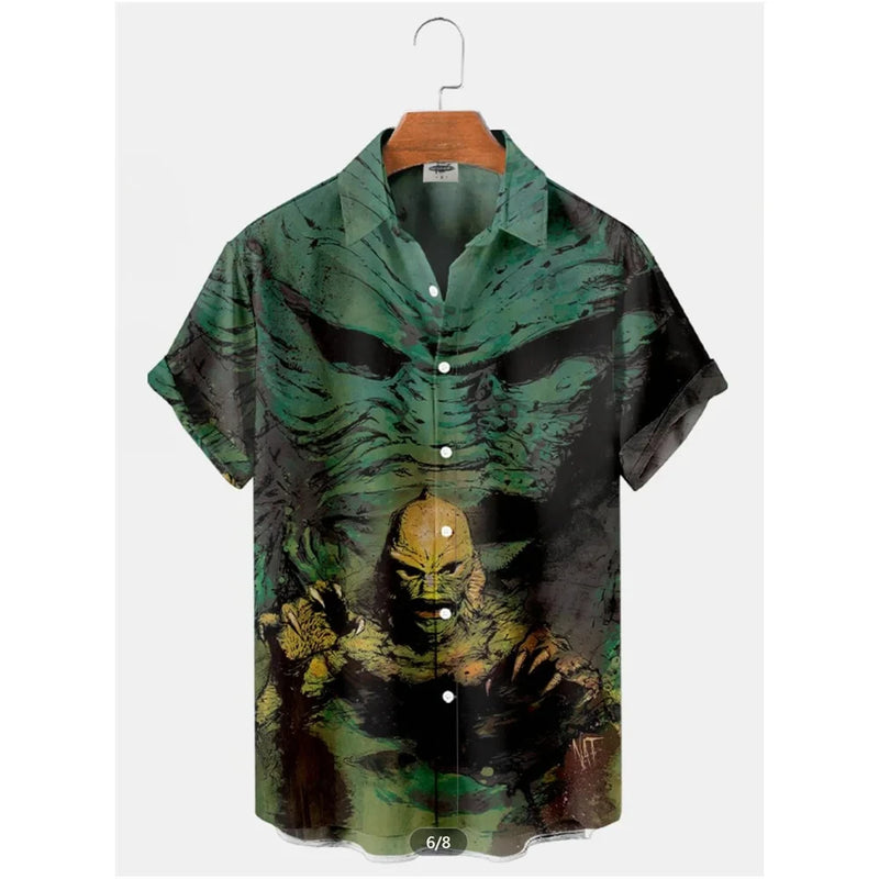 Camisa de desenho animado masculina, top estampado 3D, moda casual, mangas curtas, lapela de botão, streetwear, extragrande, roupa unissex