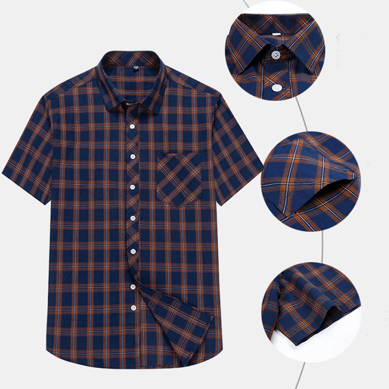 Camisas xadrez de algodão masculina, manga curta, bolso único com remendo, design simples, casual padrão, moda verão, S-8XL