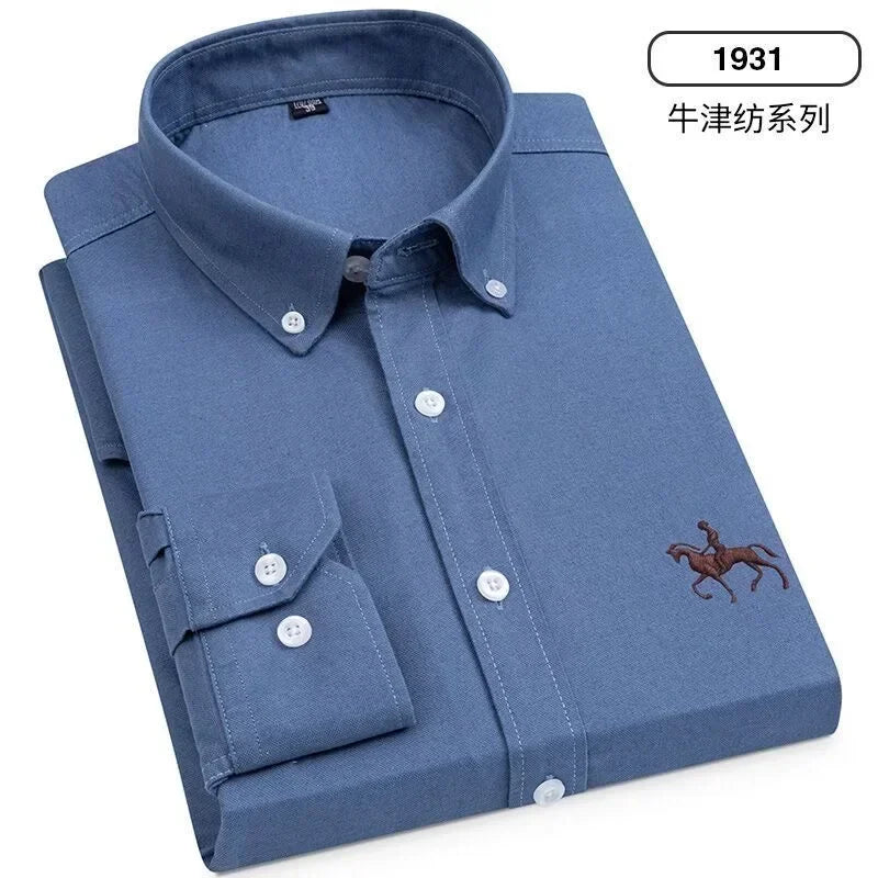 Camisa Oxford Spinning Masculina de Manga Longa, 100% Algodão Puro, Bolso Bordado, Slim Fit, Estilo de Botões, Soft Med, Negócios, Lazer, S-7XL