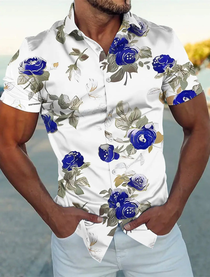 Camisa floral estampada em 3D masculina, manga curta, tecido elástico de 4 vias, casual, roupa de rua para o trabalho, negócio, verão