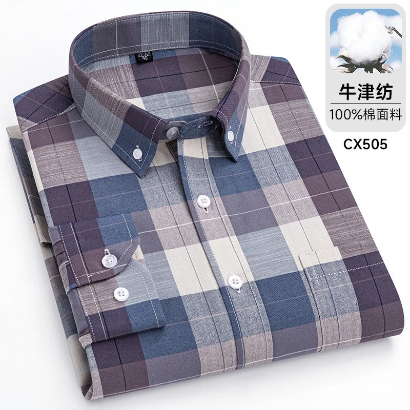 Novo 100% algodão oxford masculino listrado camisas xadrez masculino negócios casual de alta qualidade camisa de manga longa para homens camisa de botão S-7XL