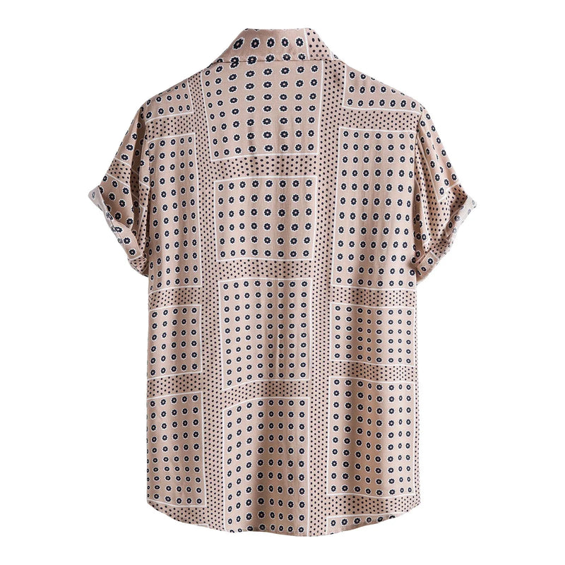 Blusa casual de manga curta masculina solta, camisa xadrez houndstooth masculina, blusa havaiana de praia de botão, verão 2024