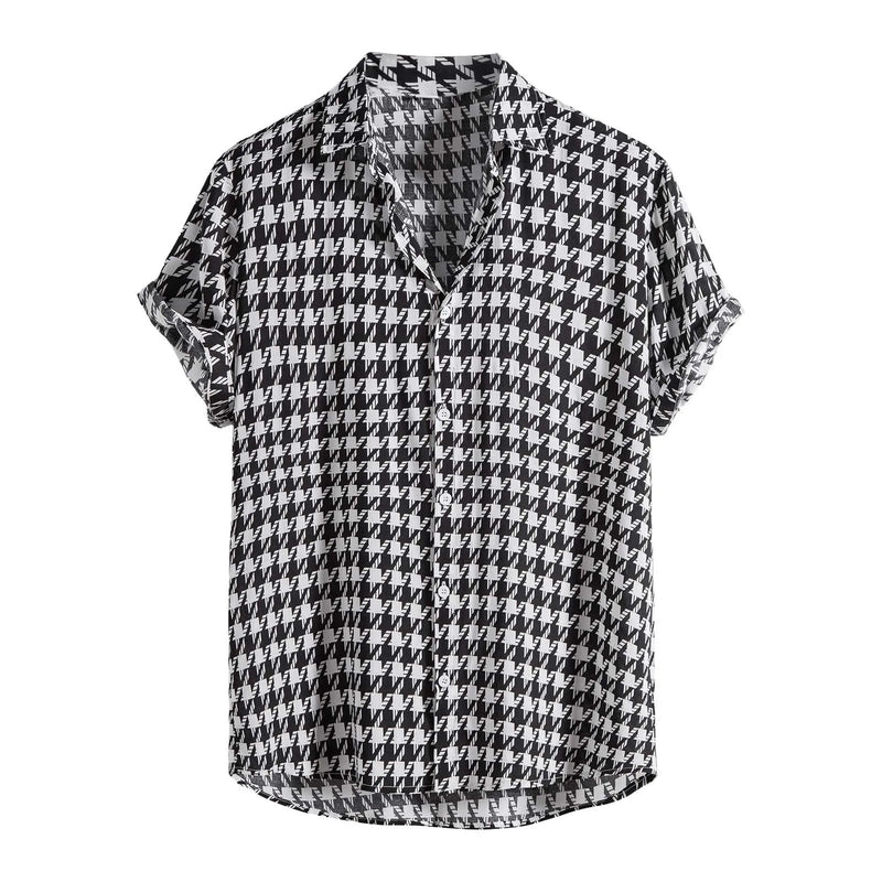 Blusa casual de manga curta masculina solta, camisa xadrez houndstooth masculina, blusa havaiana de praia de botão, verão 2024