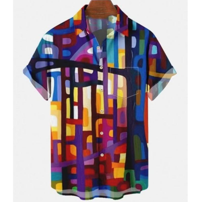 Camisa xadrez colorida masculina arco-íris havaiana, moda 3D extragrande, manga curta casual, roupa de praia de botão simples, verão