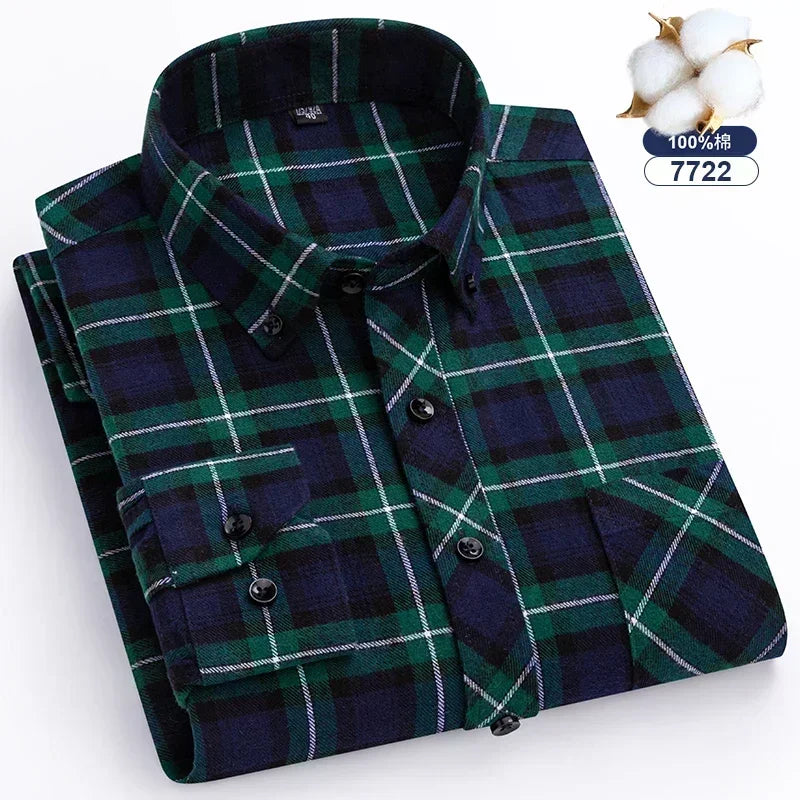 Camisa de flanela grossa masculina, manga comprida, algodão puro, design de bolso patch, camisas xadrez, ajuste padrão, jovens adultos, outono, inverno