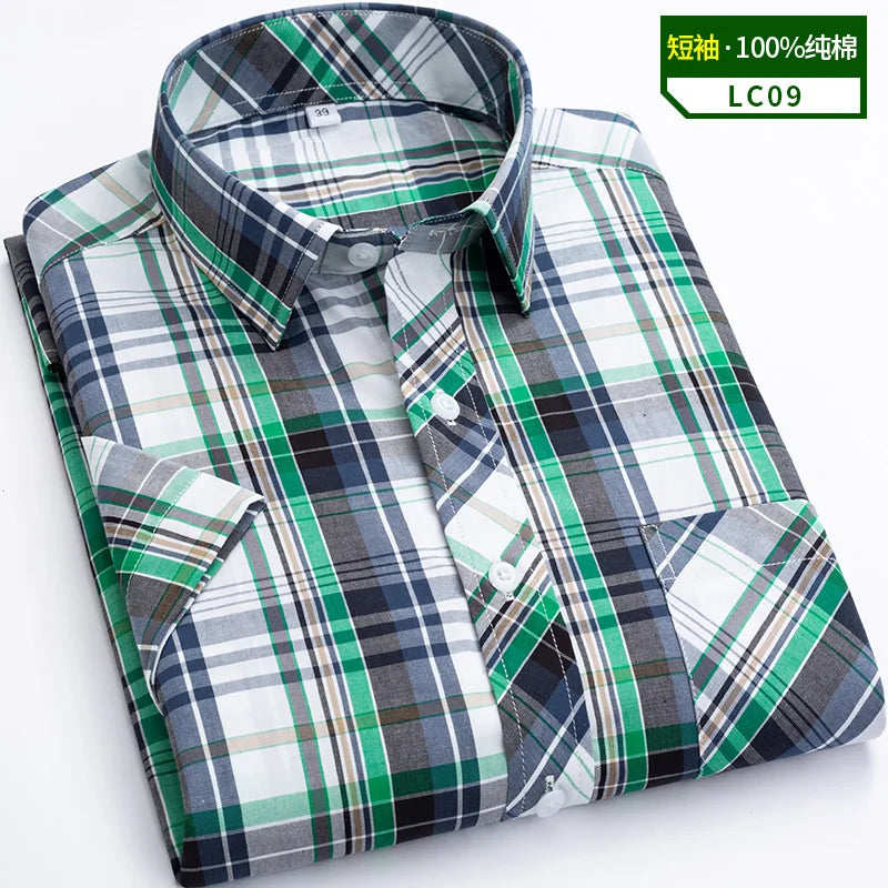 Camisas xadrez de algodão masculina, manga curta, bolso único com remendo, design simples, casual padrão, moda verão, S-8XL