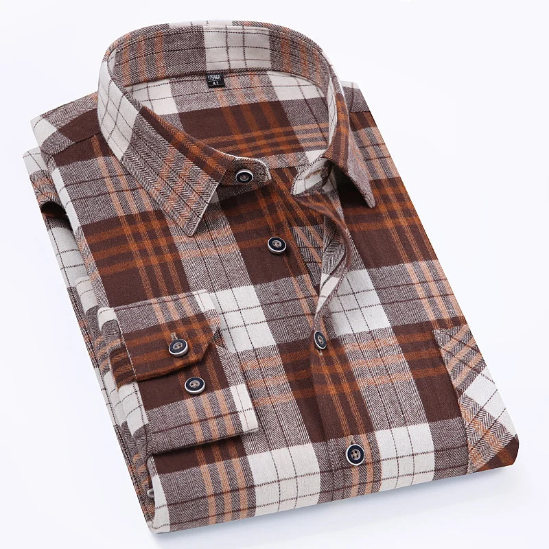 Camisa xadrez de manga longa masculina, 100% puro algodão, flanela, macia, regular-fit, escovada, bolso único, confortável, casual, S-8XL