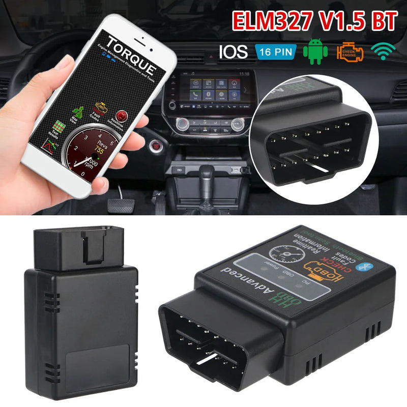 ELM327 Car Diagnostic Scanner, Leitor de Código, OBD2 Adaptador Interface, Bluetooth V1.5 Detector, Acessórios do carro, IOS, Android