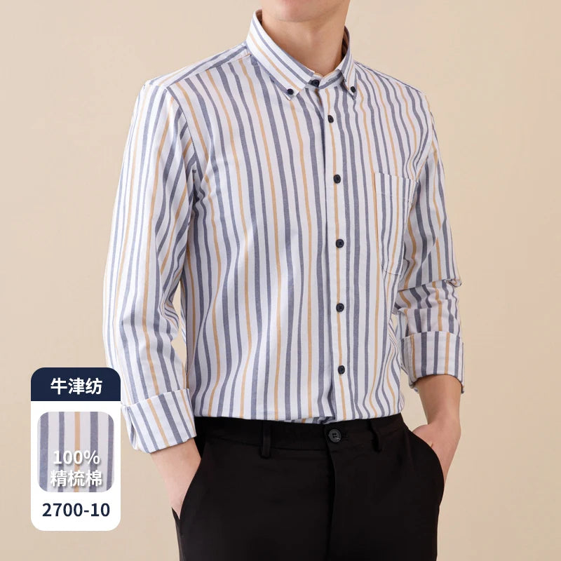 Camisa Oxford de manga comprida masculina, 100% algodão, quadriculada listrada, Oxford, remendo frontal, bolso no peito, abotoado, Versátil, Casual