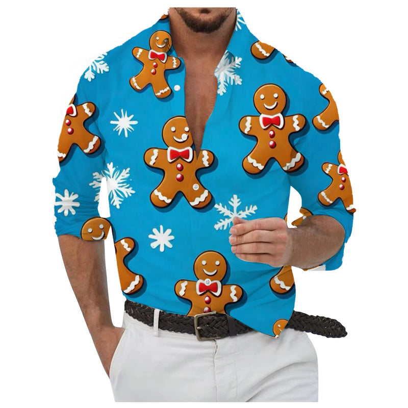 Flocos de neve dourados impressos em 3D masculino Camisa, Abotoados, Manga comprida, Ao ar livre, Colarinho, Roupas, Dia, Dia, 2024