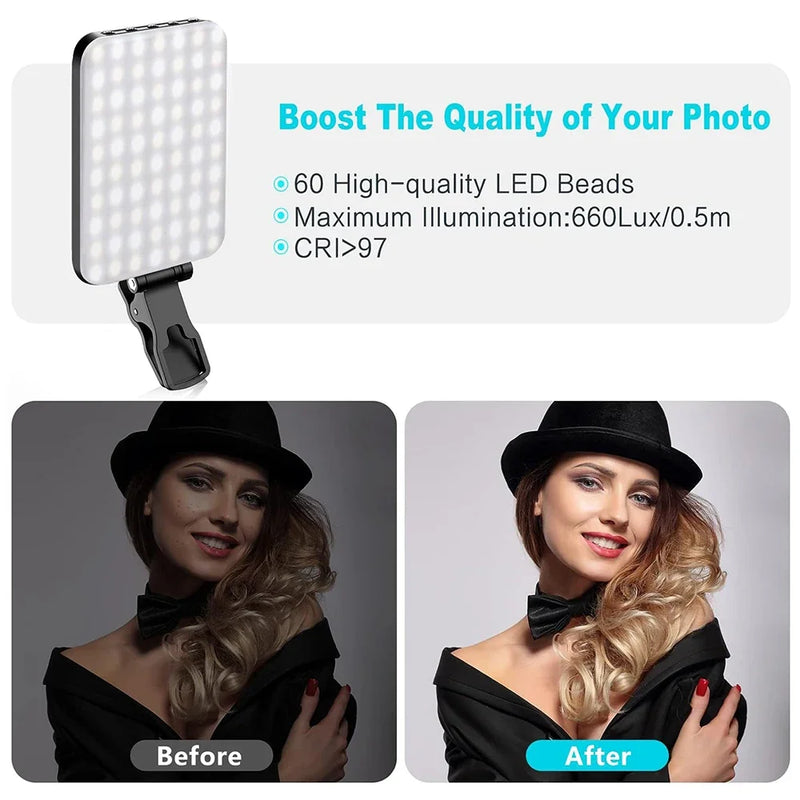 Recarregável LED selfie Light Beads, portátil na luz para o telefone, Tablet, Laptop, 2200mAh, CRI 97 +, 7 modos, 60 alta qualidade