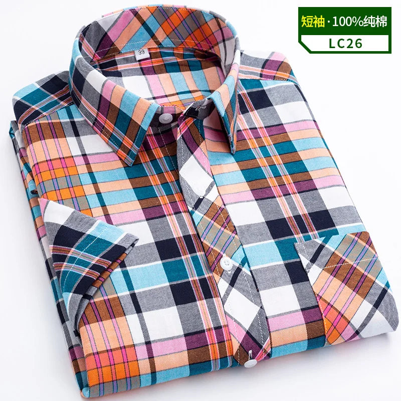 Camisas xadrez de algodão masculina, manga curta, bolso único com remendo, design simples, casual padrão, moda verão, S-8XL