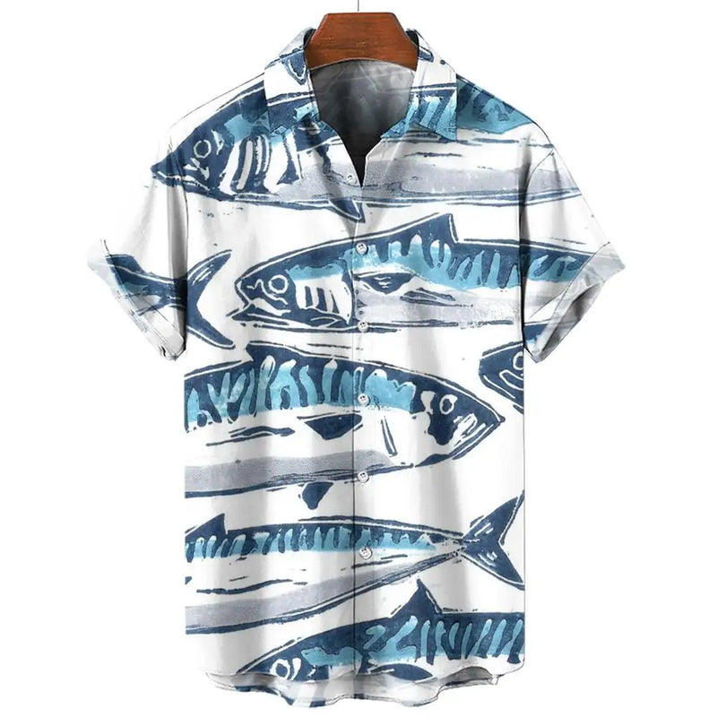 Camisa havaiana com impressão 3D masculina, piscicultura, botão, manga curta, streetwear de lapela, blusa, moda verão