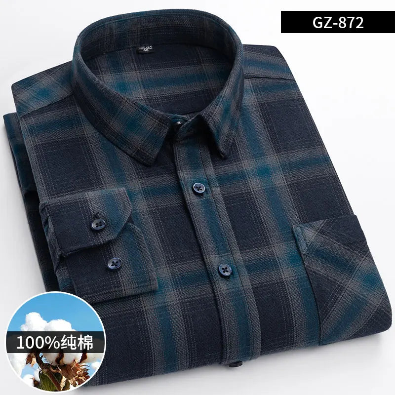 Moda masculina 100% algodão grosso escovado flanela camisas único remendo bolso manga longa padrão-ajuste xadrez xadrez xadrez camisa casual