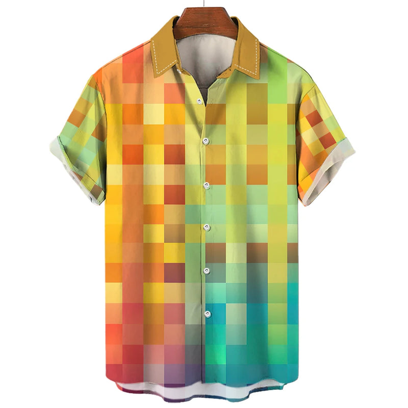 Camisa xadrez colorida masculina arco-íris havaiana, moda 3D extragrande, manga curta casual, roupa de praia de botão simples, verão