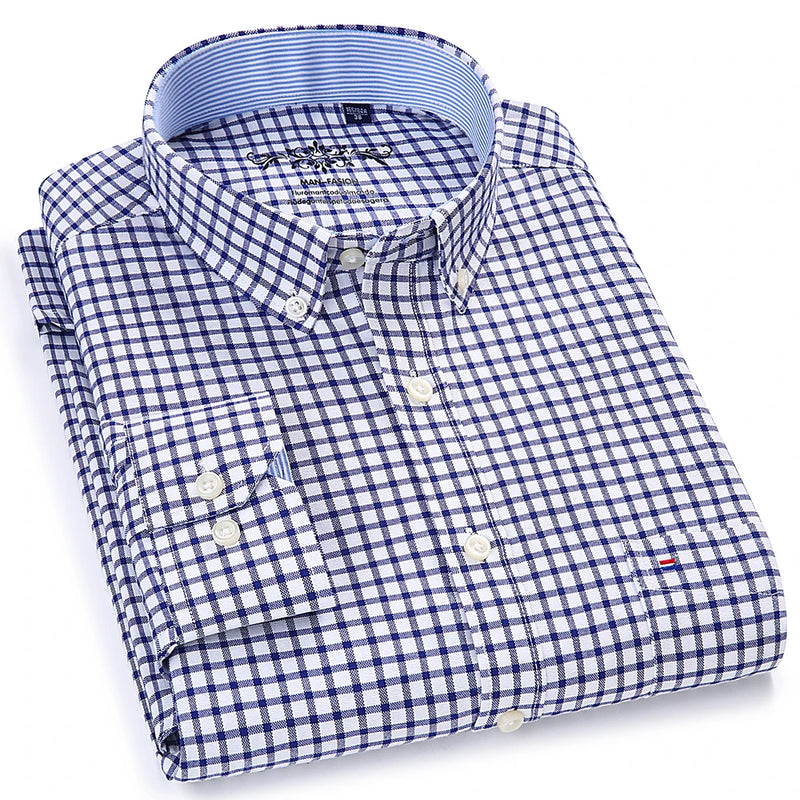 Camisa casual listrada oxford de manga comprida masculina, camisa frontal com bolso no peito, ajuste regular, gola com botão, camisas de trabalho grossas