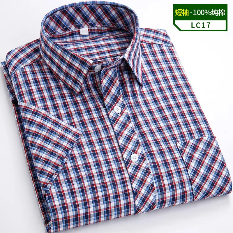 Camisas xadrez de algodão masculina, manga curta, bolso único com remendo, design simples, casual padrão, moda verão, S-8XL