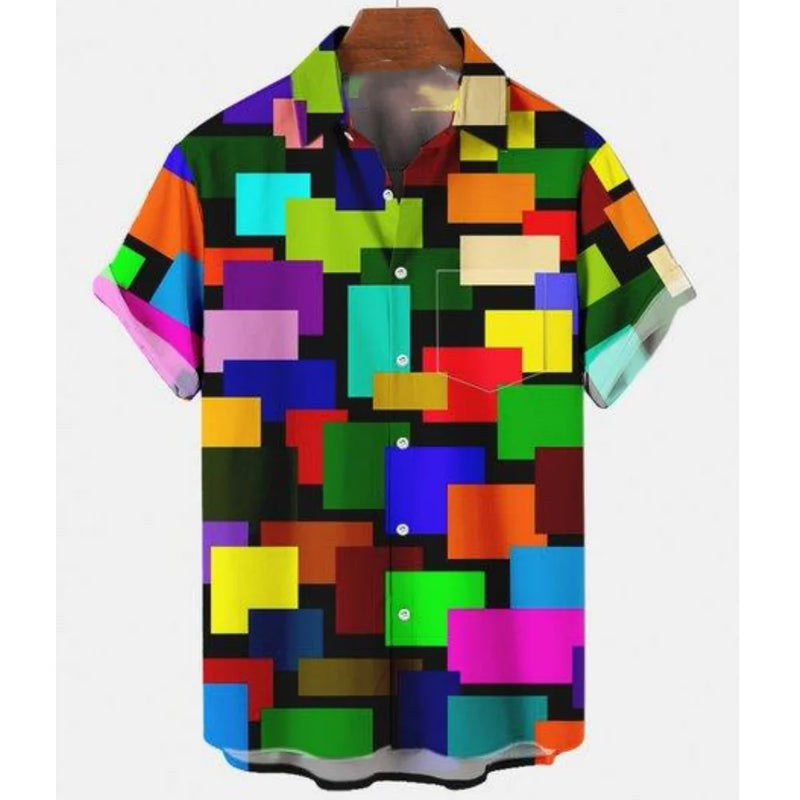 Camisa xadrez colorida masculina arco-íris havaiana, moda 3D extragrande, manga curta casual, roupa de praia de botão simples, verão