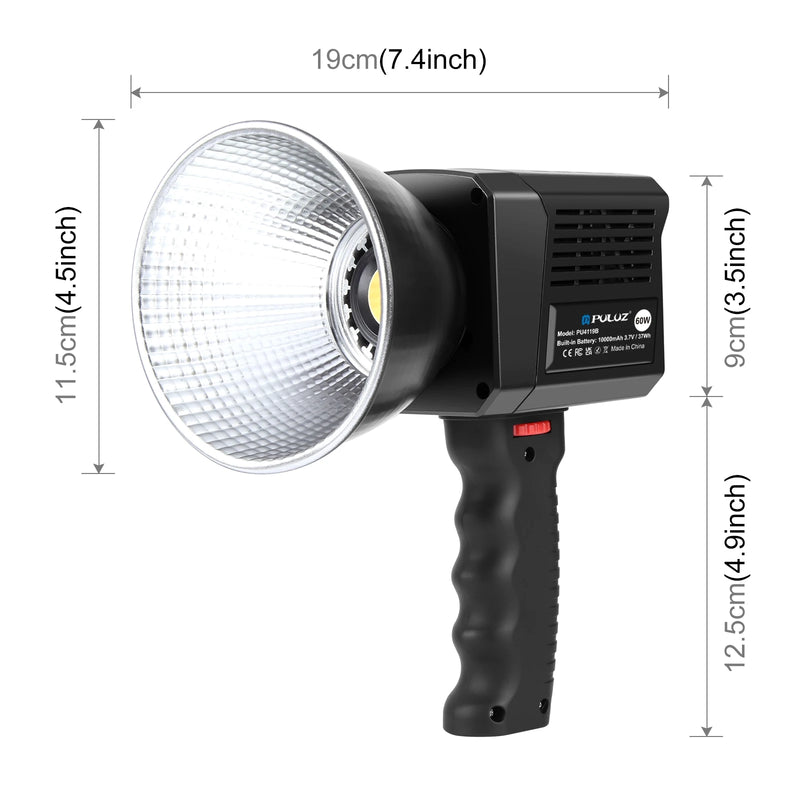 PULUZ-COB LED Handheld Luz de Preenchimento, Estúdio de Fotografia Luz, Temperatura Dual Color, 60W, 2500K-6500K, 13000Lux, 10000mAh