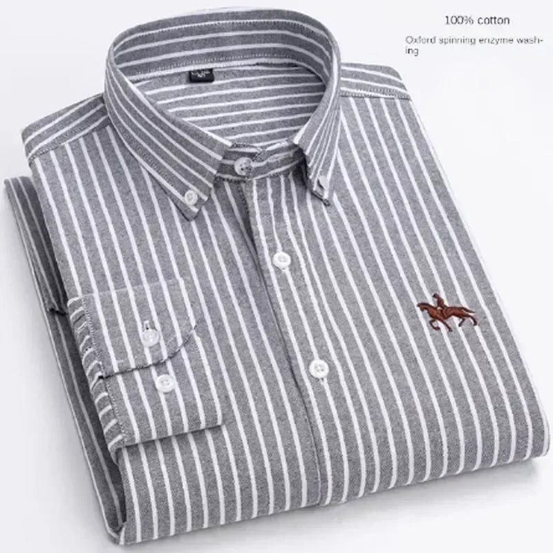 Camisa Oxford Spinning Masculina de Manga Longa, 100% Algodão Puro, Bolso Bordado, Slim Fit, Estilo de Botões, Soft Med, Negócios, Lazer, S-7XL