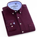 Camisa casual listrada oxford de manga comprida masculina, camisa frontal com bolso no peito, ajuste regular, gola com botão, camisas de trabalho grossas