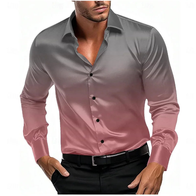 Camisa casual de manga comprida masculina, mudança de cor azul, xadrez, impressão 3D, formal, primavera, verão, lapela, S-5XL, 2022