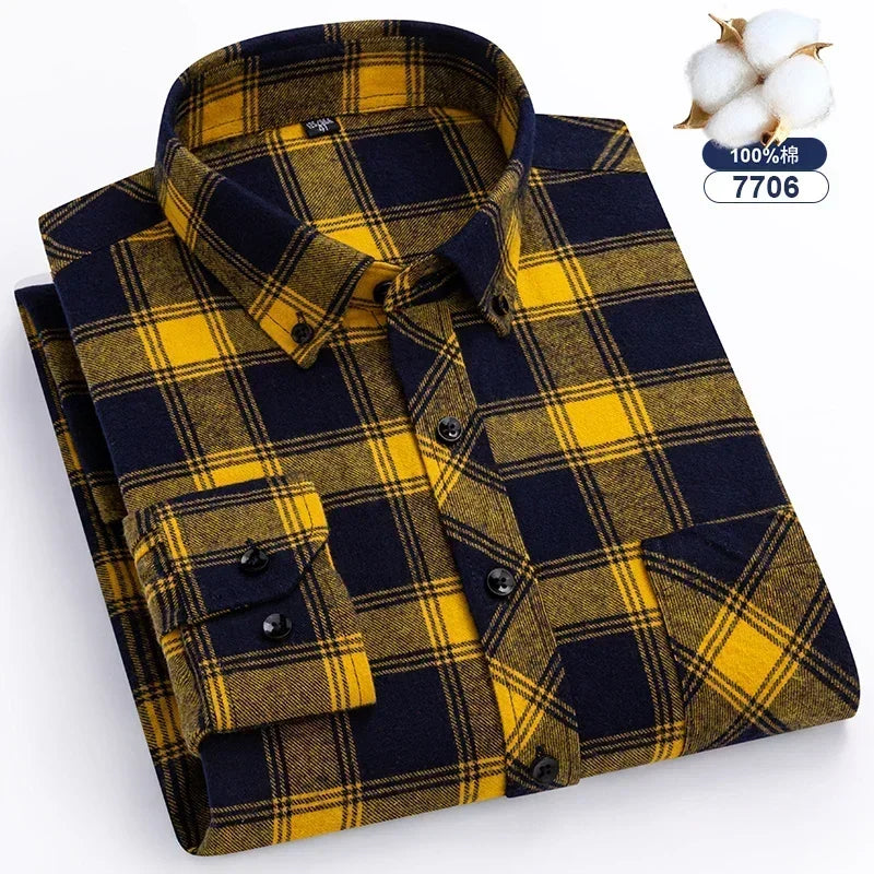 Camisa de flanela grossa masculina, manga comprida, algodão puro, design de bolso patch, camisas xadrez, ajuste padrão, jovens adultos, outono, inverno