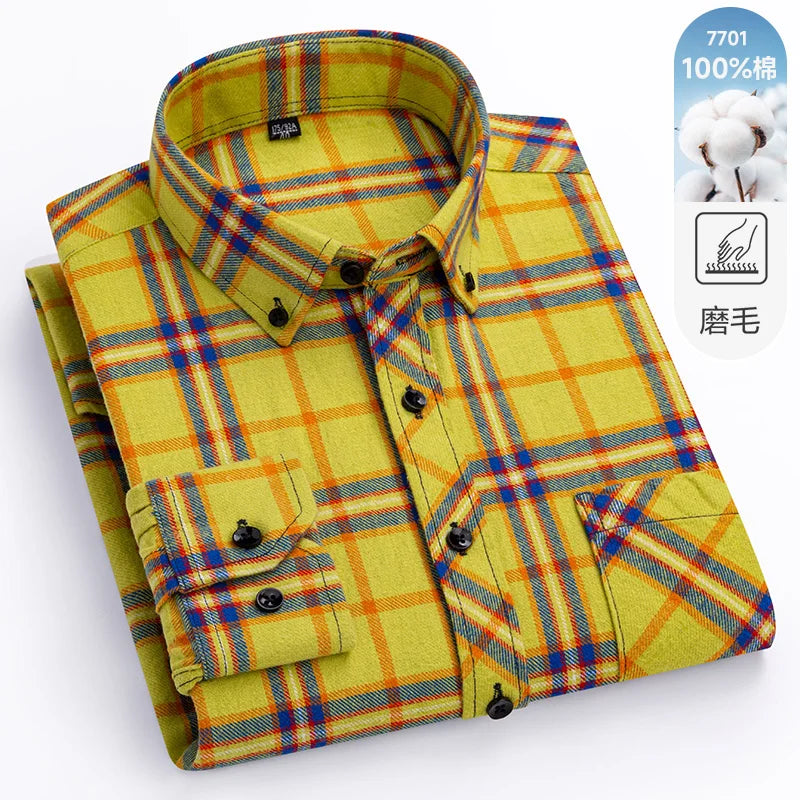 Camisa xadrez de manga longa masculina, 100% puro algodão, flanela, macia, regular-fit, escovada, bolso único, confortável, casual, S-8XL