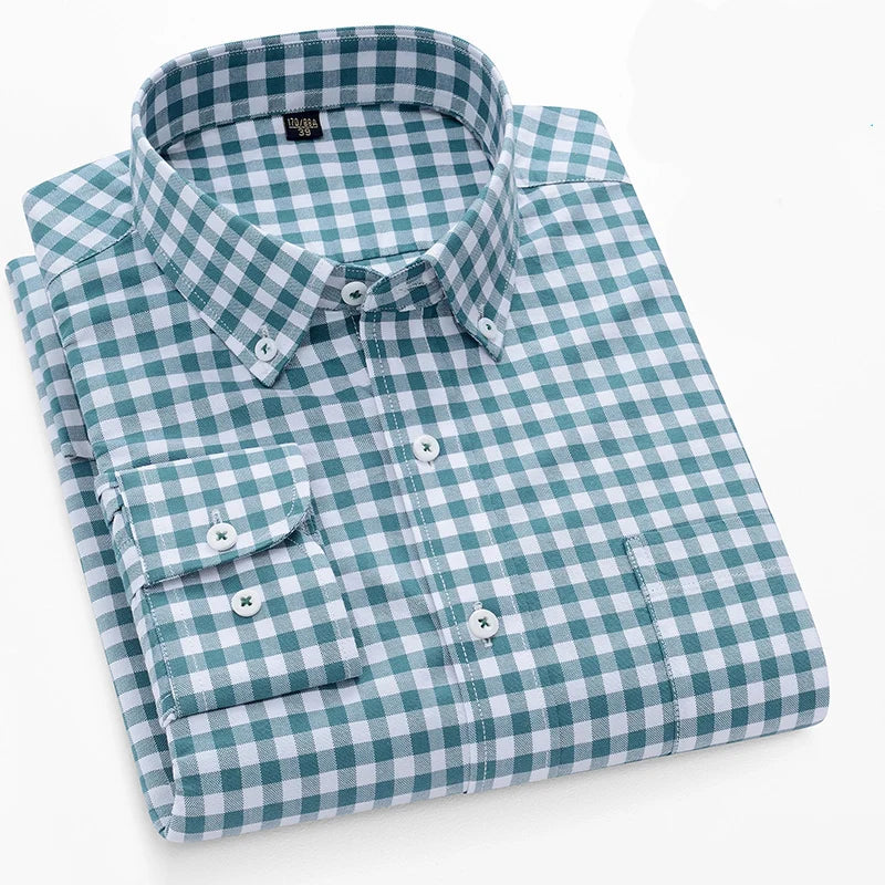 Camisa Oxford xadrez casual masculina, confortável, de algodão puro, com botões, ajuste regular, listrada, social, de alta qualidade