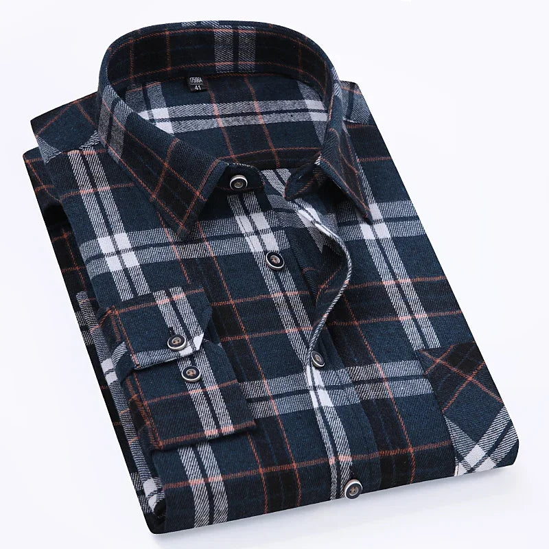 Camisa xadrez de manga longa masculina, 100% puro algodão, flanela, macia, regular-fit, escovada, bolso único, confortável, casual, S-8XL