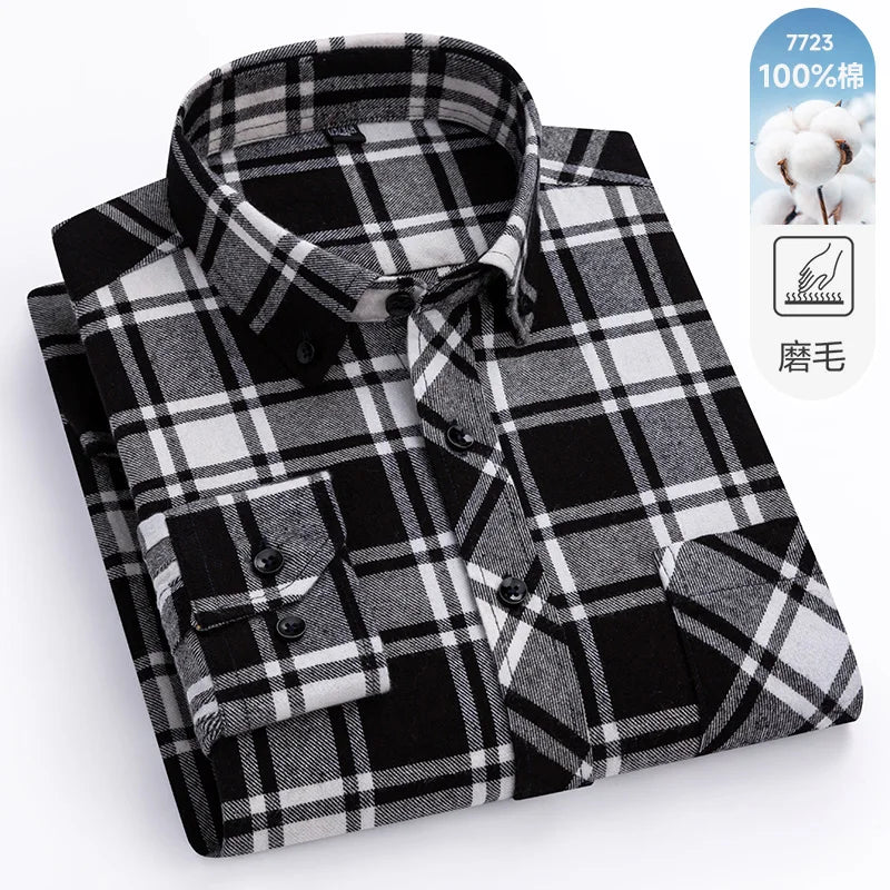 Camisa xadrez de manga longa masculina, 100% puro algodão, flanela, macia, regular-fit, escovada, bolso único, confortável, casual, S-8XL