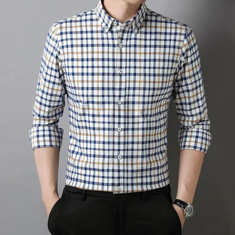 Camisa Oxford de manga comprida masculina, 100% algodão, quadriculada listrada, Oxford, remendo frontal, bolso no peito, abotoado, Versátil, Casual