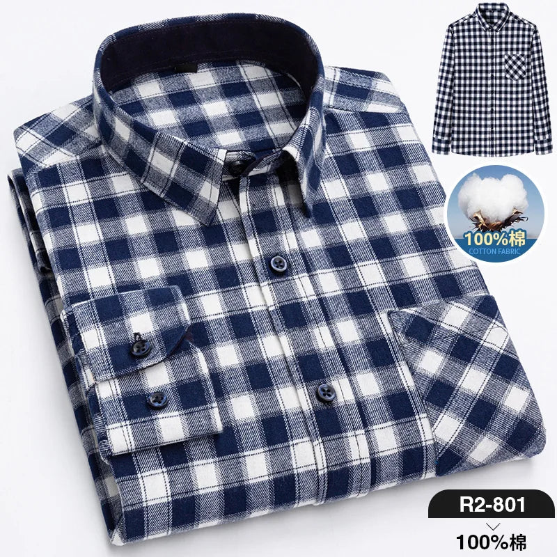 Moda masculina 100% algodão grosso escovado flanela camisas único remendo bolso manga longa padrão-ajuste xadrez xadrez xadrez camisa casual