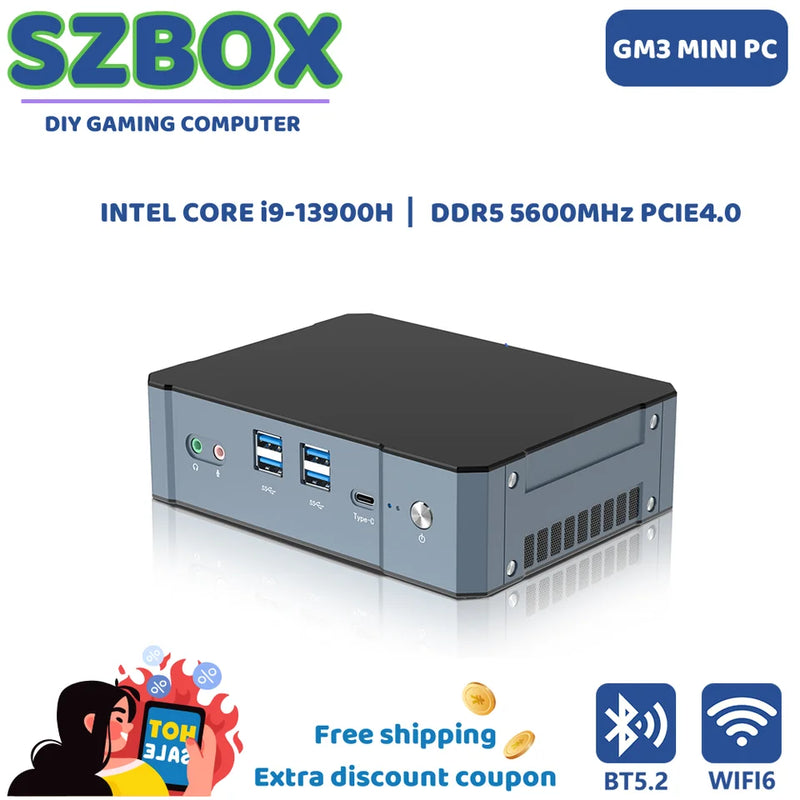 Szbox gm3 mini pc processador intel i9 i9-13900H ram 16gb ddr5 5600mhz 512g ssd nvme pcie4.0 wifi6 bt5.2 win11 computador para jogos diy