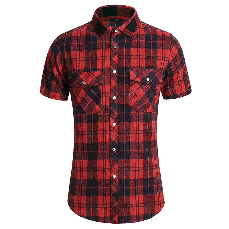 Camisa xadrez masculina com botões, manga curta, casual, tops 7xl, vinatge, verão, bolso duplo, roupas de grife, camisas de trabalho