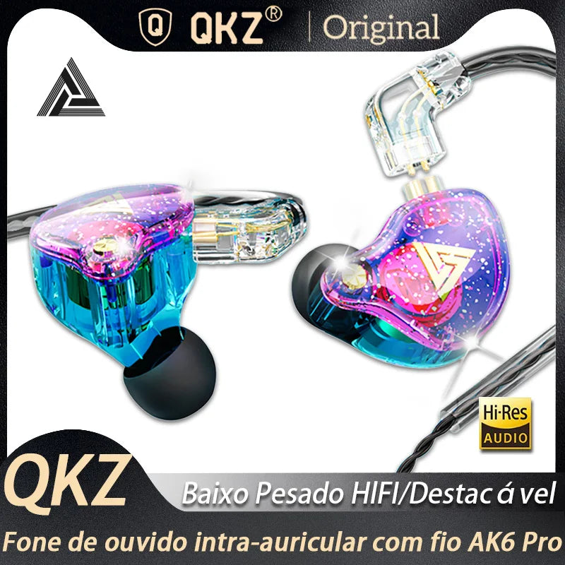 QKZ AK6 Pro 1DD Fones de ouvido dinâmicos HIFI Bass Fones de ouvido intra auriculares Fones de ouvido esportivos com cancelamento de ruído com microfone e cabo removível